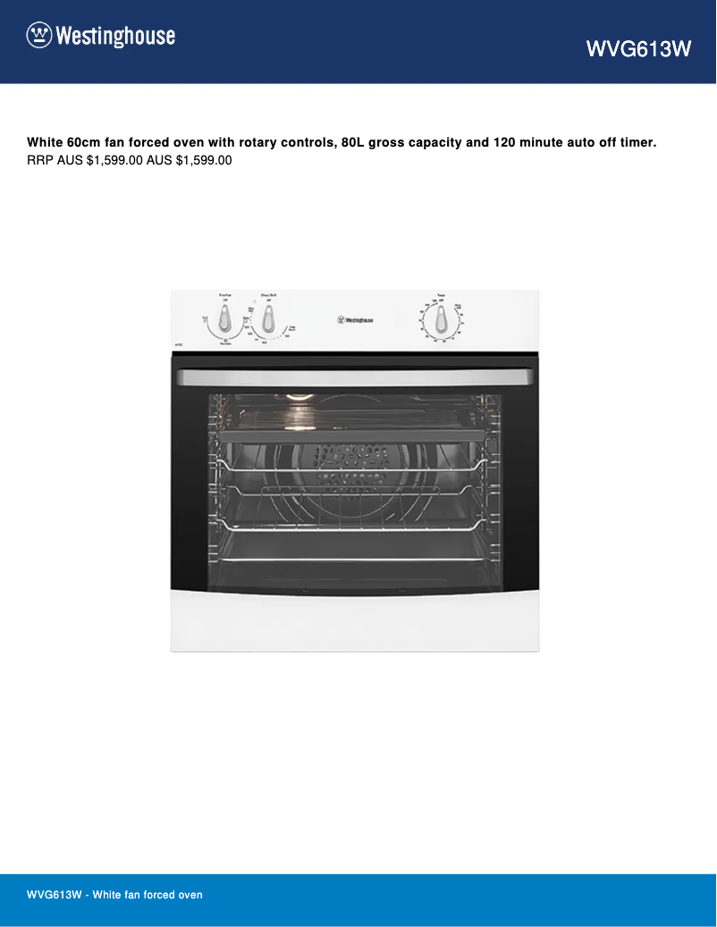 Page 1 de la notice Fiche technique Westinghouse WVG613WLPG