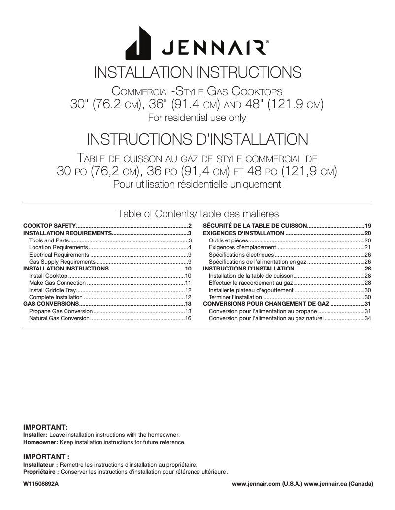 Page n°1 - Guide d'installation Jenn-Air JGCP430HM