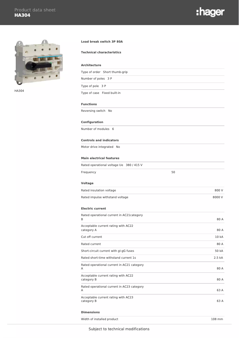 Page n°1 - Fiche technique Hager HA304