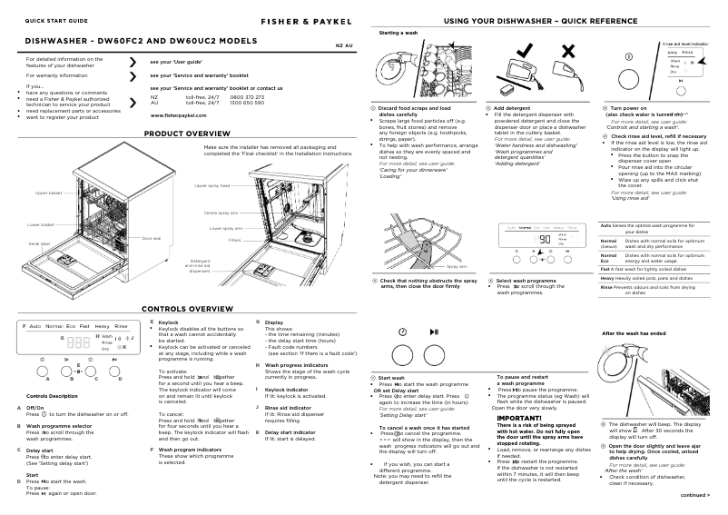 Page 1 de la notice Guide de démarrage rapide Fisher & Paykel DW60FC2X1