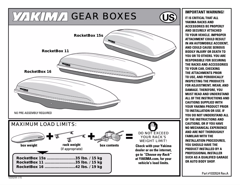 Page n°1 - Manuel utilisateur Yakima RocketBox 15s