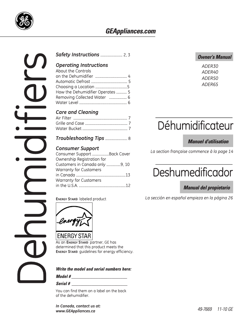 Page 1 de la notice Manuel utilisateur GE ADER30LP