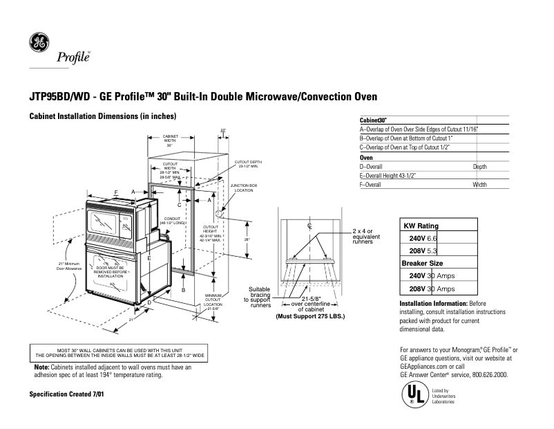 Page n°1 - Fiche technique GE Profile JTP95BDBB