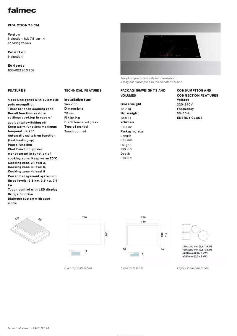 Page n°1 - Fiche technique Falmec Induction Hob 78 cm