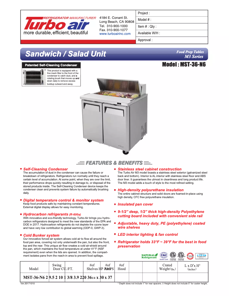Página 1 del manual Ficha técnica Turbo air MST-36