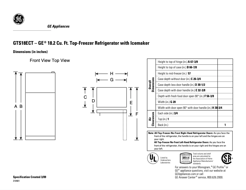 Page n°1 - Fiche technique GE GTS18ECTBB