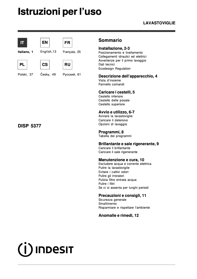 Page n°1 - Manuel utilisateur Indesit DISP 5377