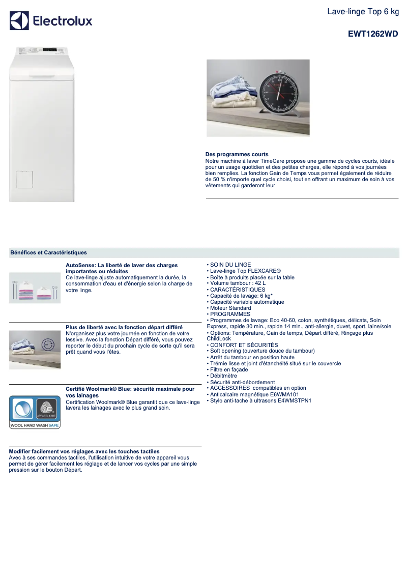 Page n°1 - Fiche technique Electrolux EWT1262WD