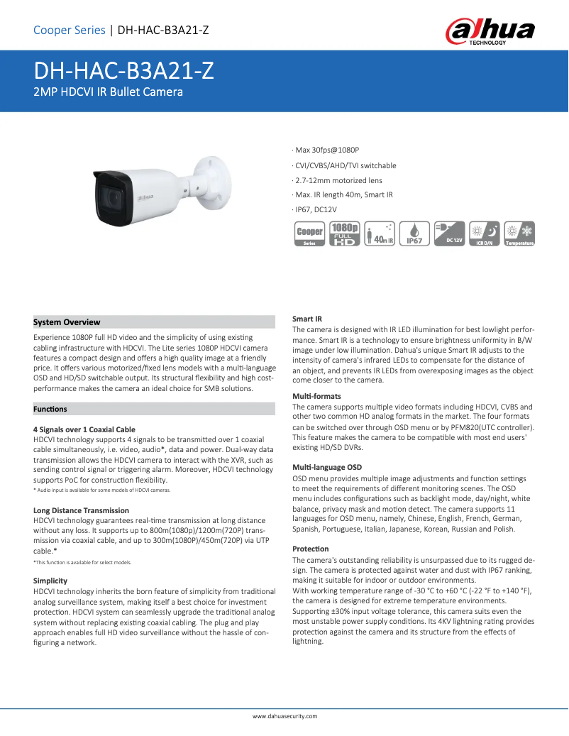 Page n°1 - Fiche technique Dahua Technology HAC-B3A21-Z