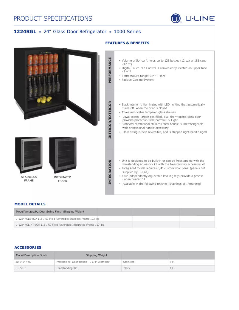 Page n°1 - Fiche technique U-Line U-1224RGLINT-00A