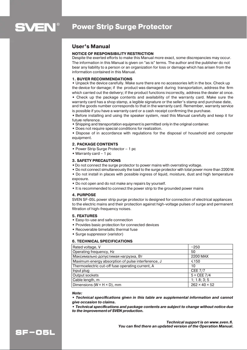 Page 1 de la notice Manuel utilisateur Sven SF-05L