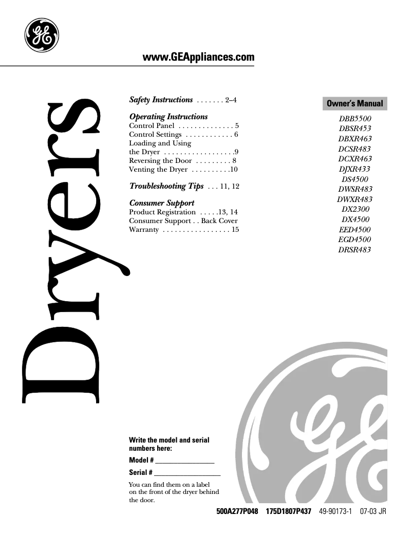 Page n°1 - Manuel d'utilisation et d'entretien GE DCSR483EAAA