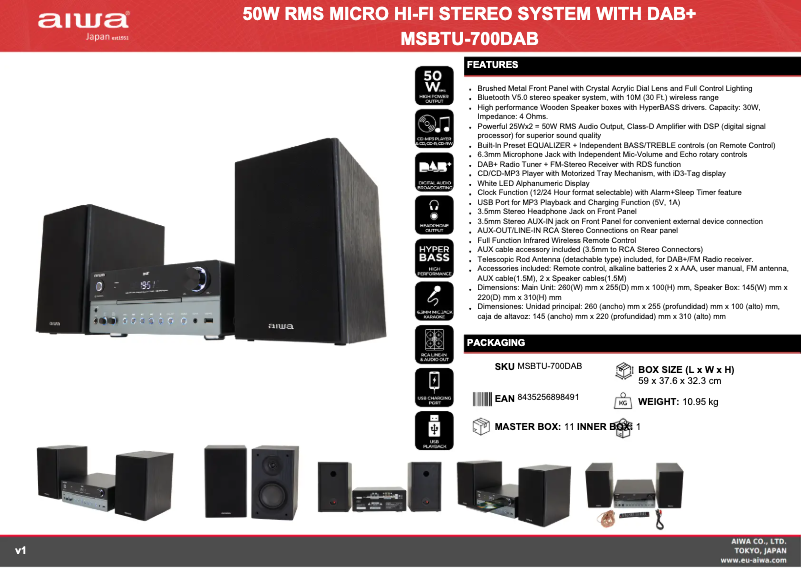 Página 1 del manual Ficha técnica Aiwa MSBTU-700DAB