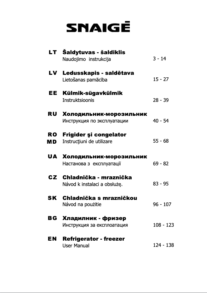 Page 1 de la notice Manuel utilisateur Snaigė Fresh INN RF59FB-TNCBNE0