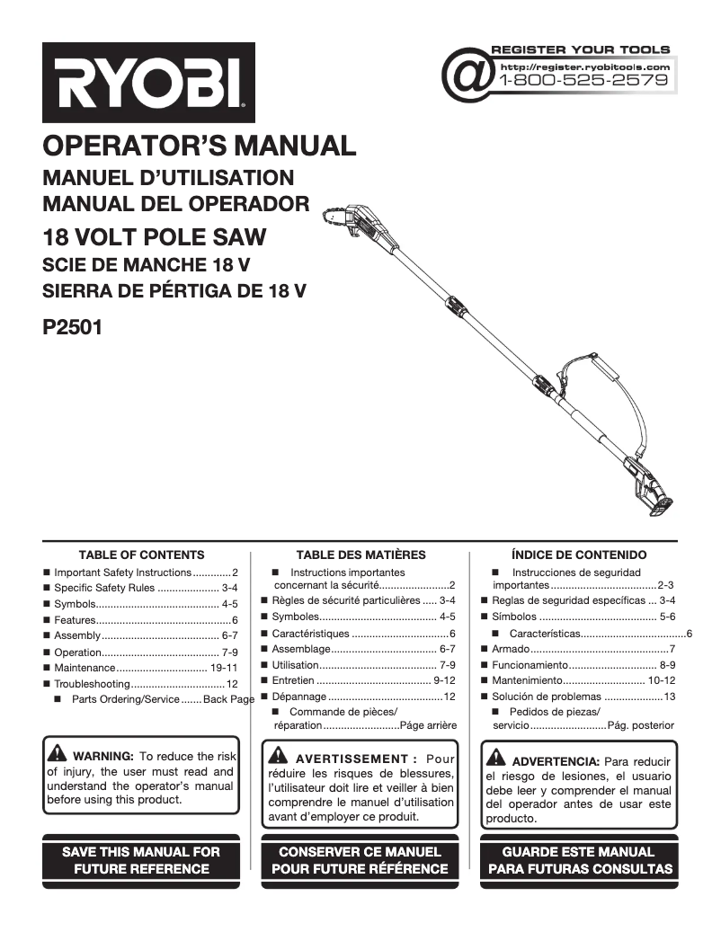 Page n°1 - Manuel utilisateur RYOBI One+ P2501
