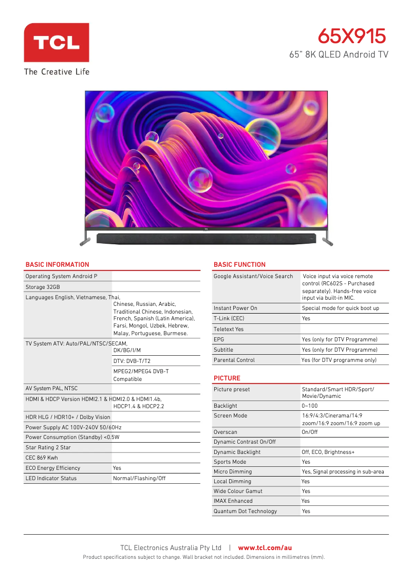 Page 1 de la notice Fiche technique TCL 65X915