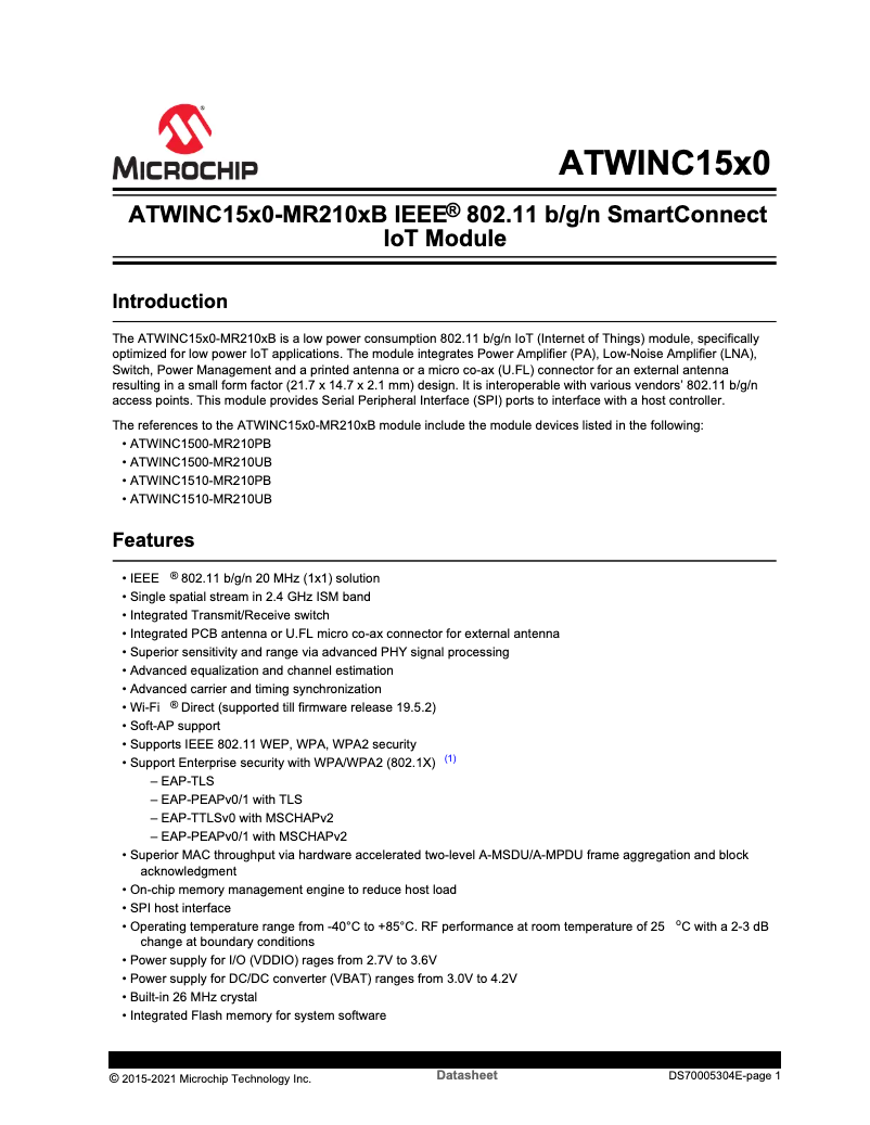 Página 1 del manual Ficha técnica Microchip ATWINC1510