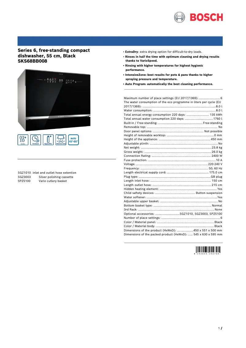 Page 1 de la notice Fiche technique Bosch SKS68BB008