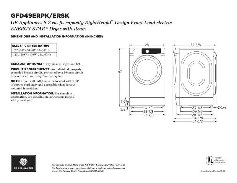 Page n°1 - Fiche technique GE GFD49ERSKWW