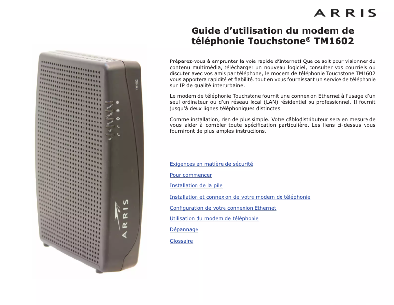 Image de la première page du manuel de l'appareil Touchstone TM1602
