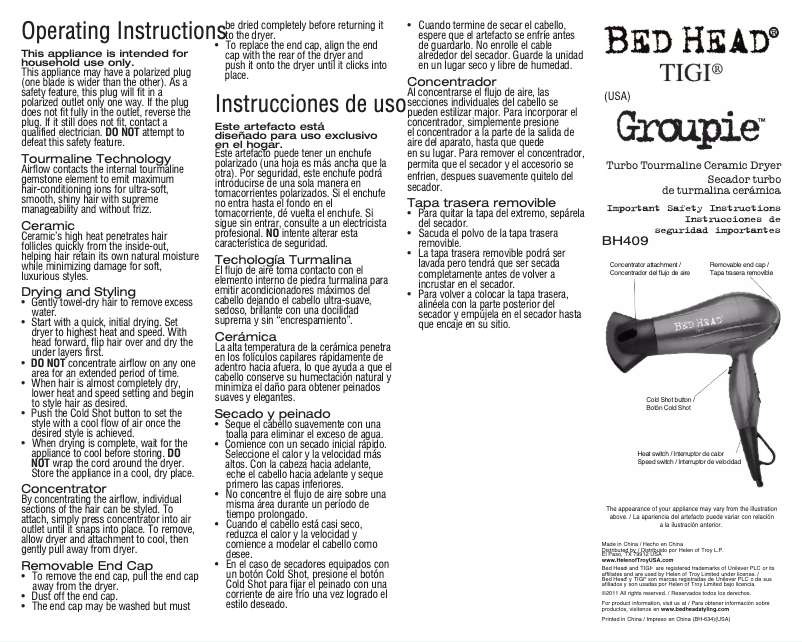 Page 1 de la notice Manuel utilisateur Helen of Troy BH409