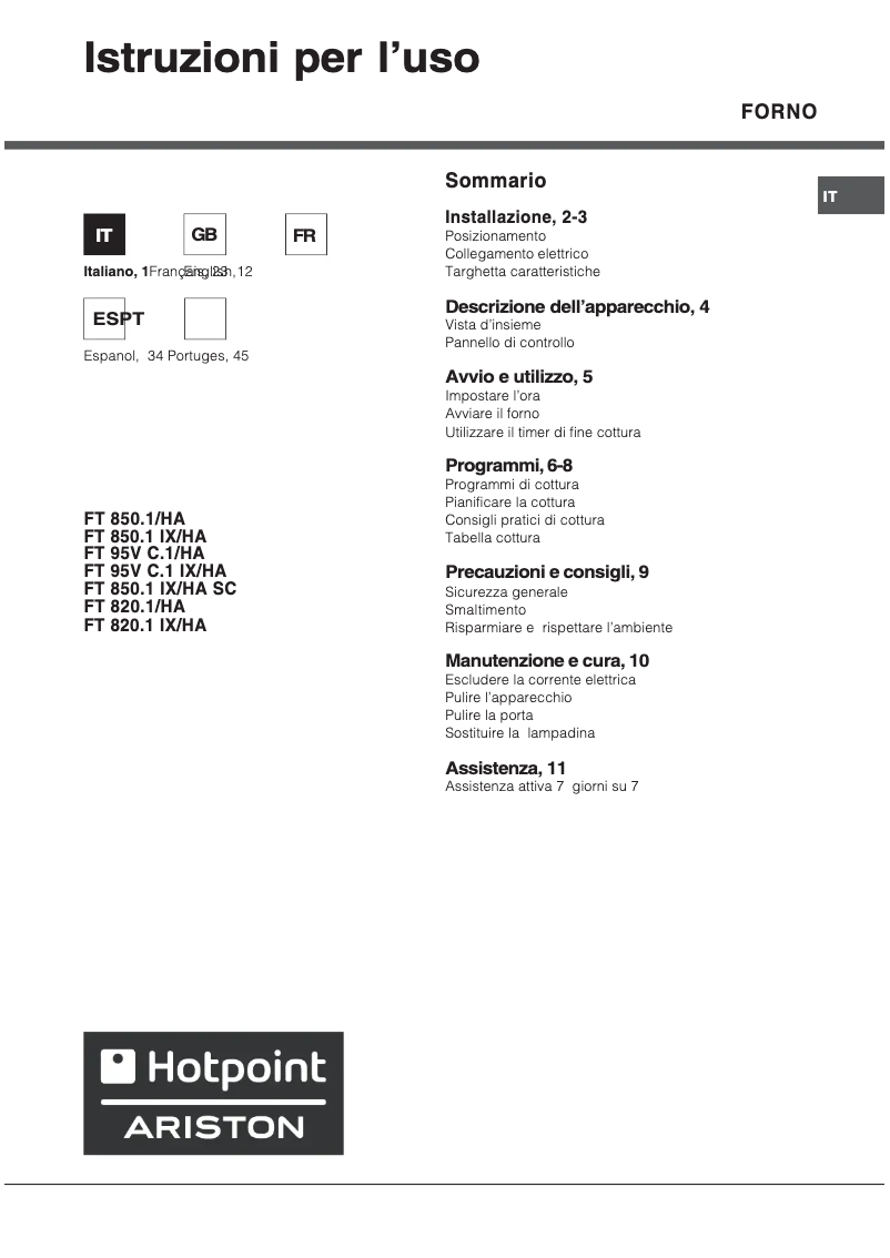 Page n°1 - Manuel utilisateur Hotpoint Ariston FT 850.1 (BRONZO)/HA