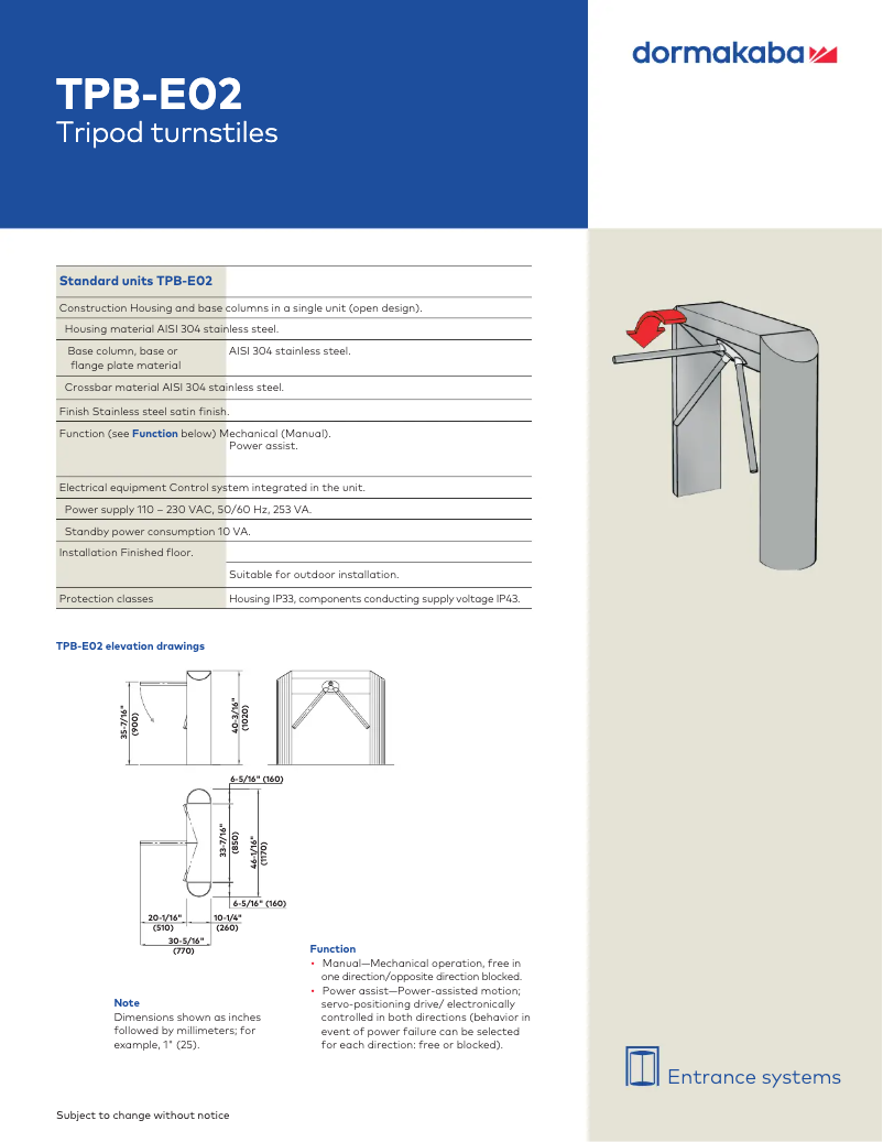 Page 1 de la notice Manuel utilisateur Dormakaba TPB-E02