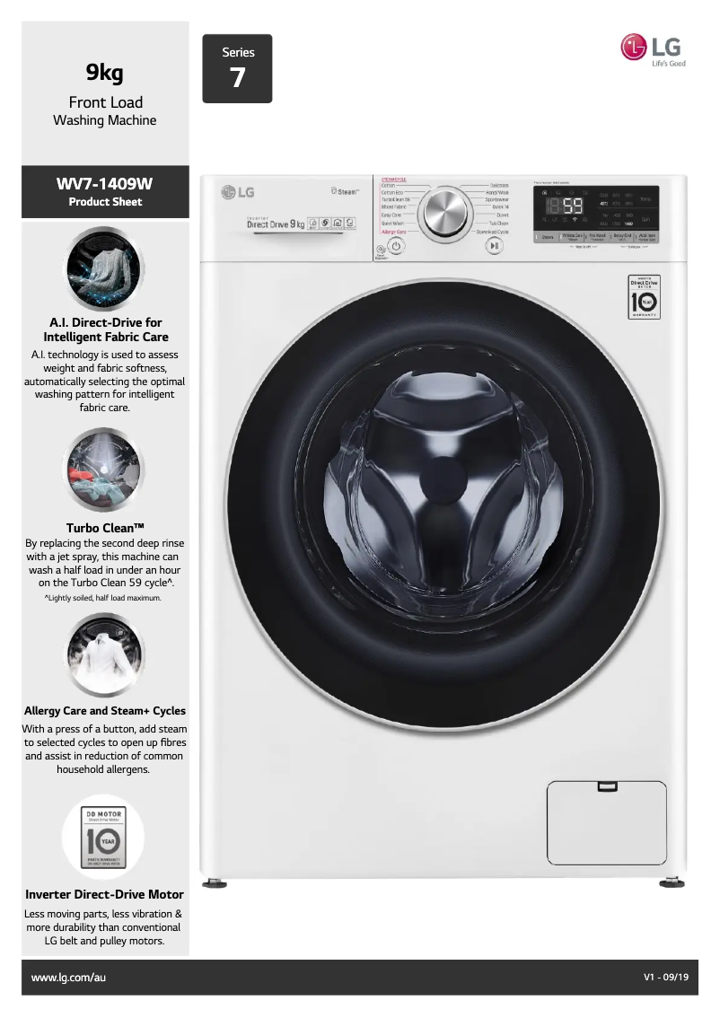 Page 1 de la notice Fiche technique LG WV7-1409W