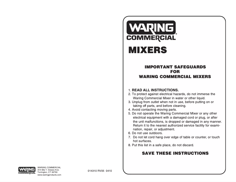 Page 1 de la notice Manuel utilisateur Waring Commercial DMC180DCA