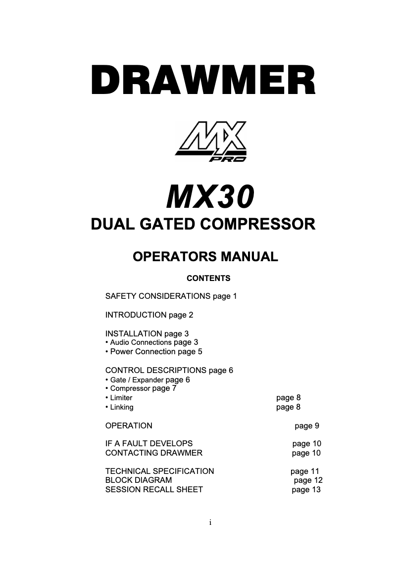 Page 1 de la notice Manuel utilisateur Drawmer MXPRO-30