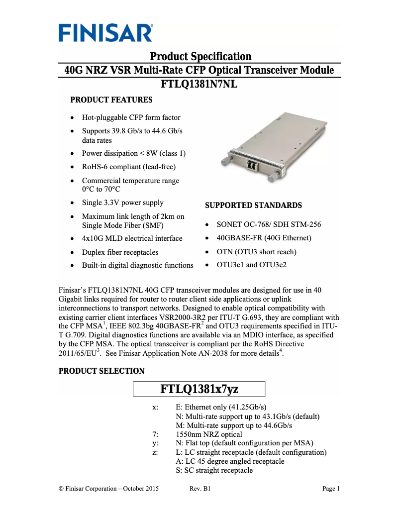 Page n°1 - Manuel utilisateur Finisar FTLQ1381N7NL