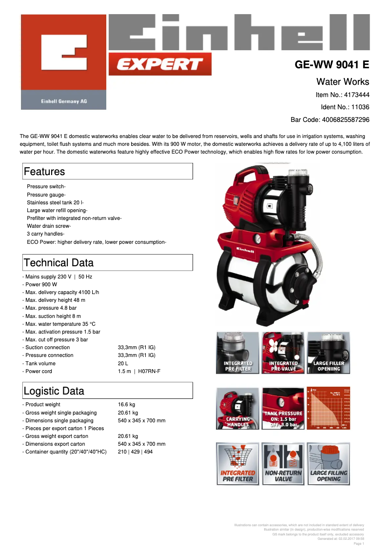 Page n°1 - Fiche technique Einhell GE-WW 9041 E