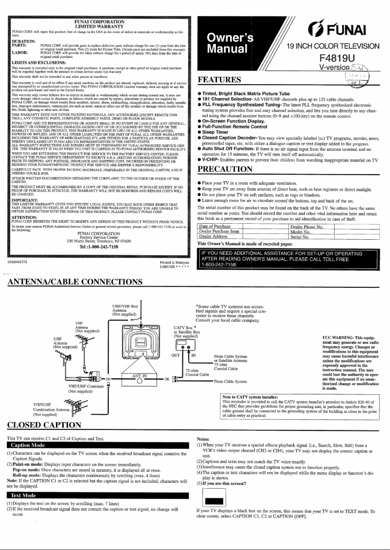 Page 1 de la notice Manuel utilisateur Funai F4819UV