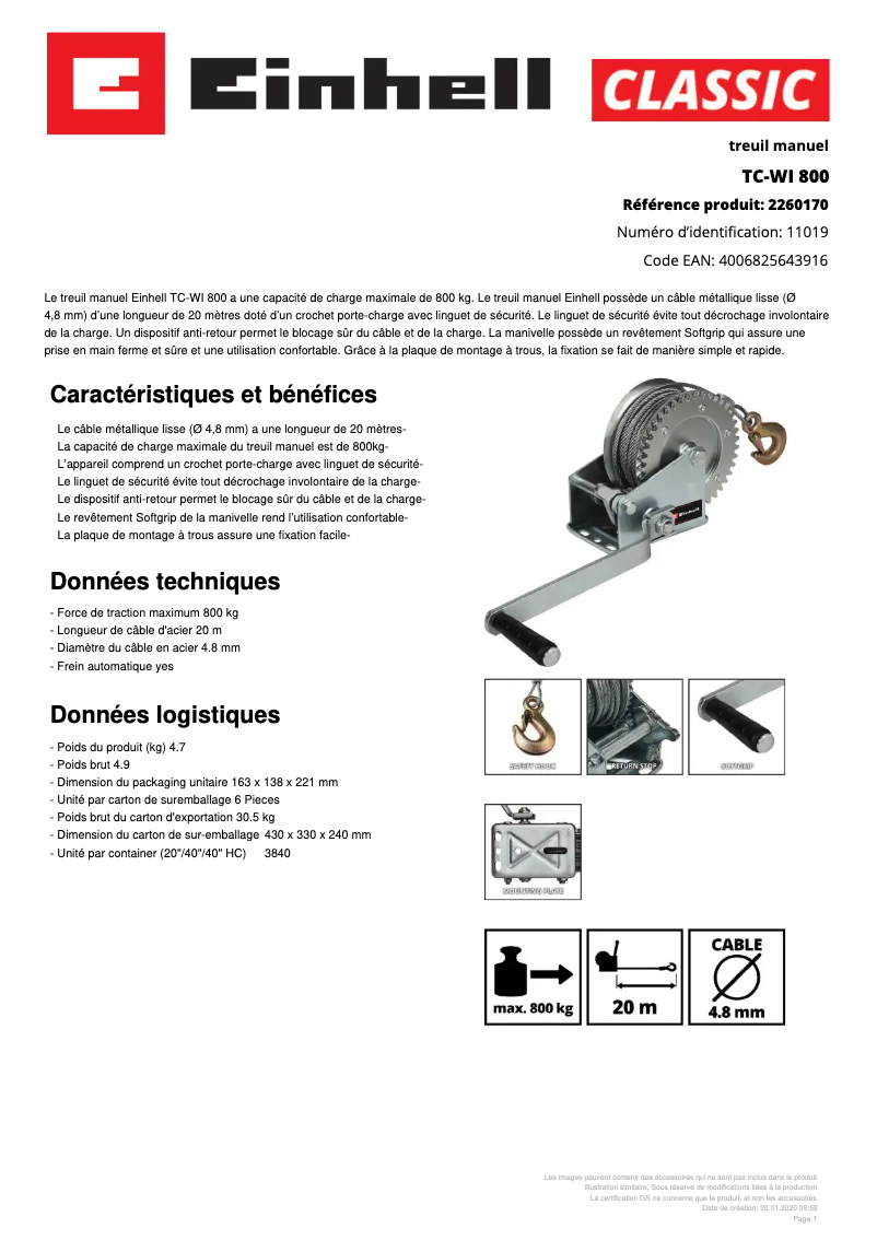 Page 1 de la notice Fiche technique Einhell TC-WI 800
