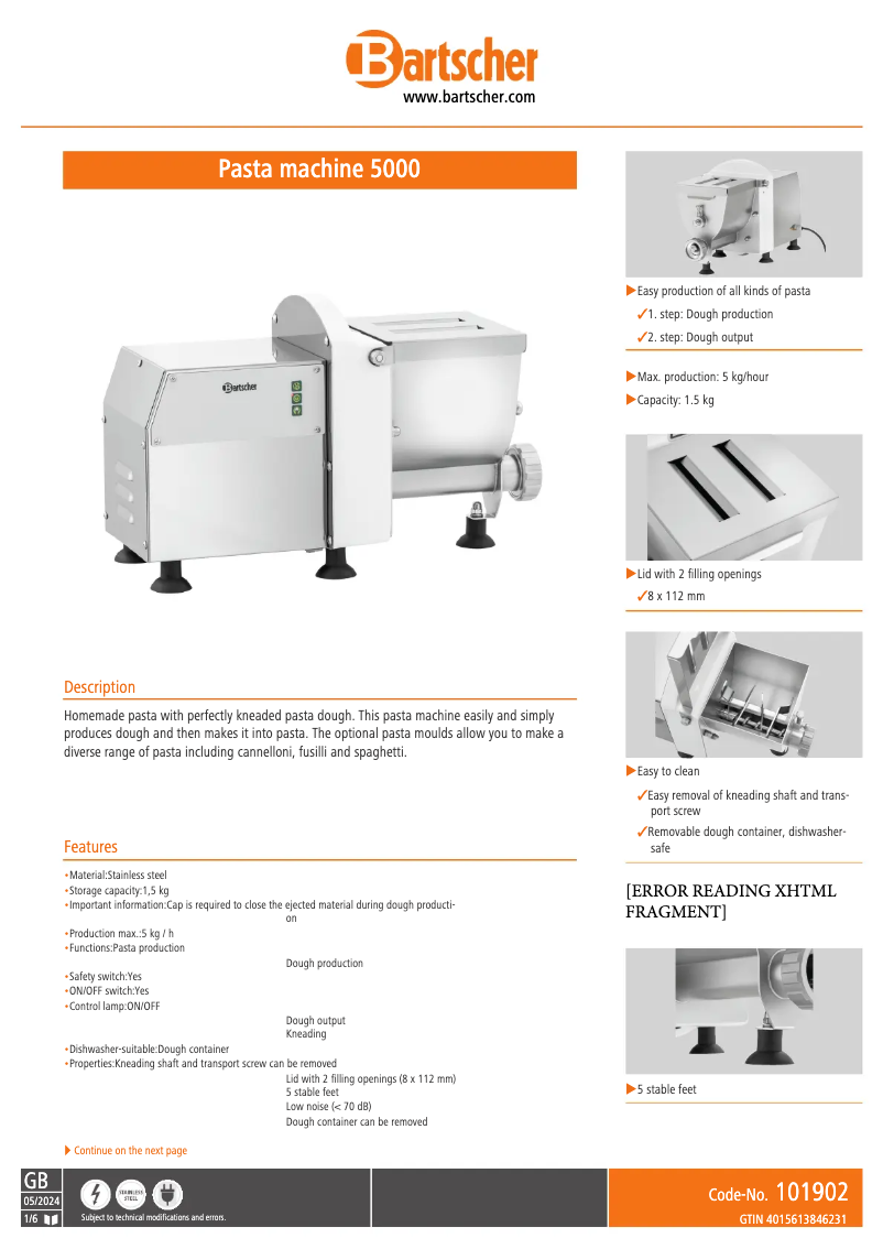 Page 1 de la notice Fiche technique Bartscher PF15E