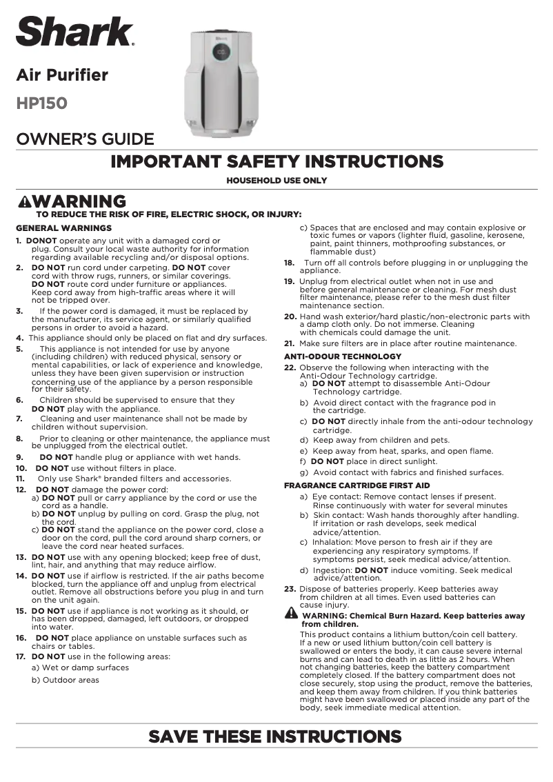 Page 1 de la notice Manuel utilisateur Shark NeverChange5 HP150