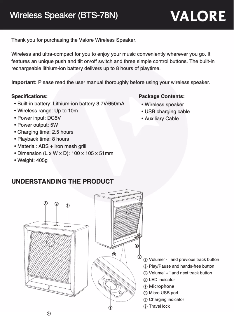 Page n°1 - Manuel utilisateur Valore BTS-78N