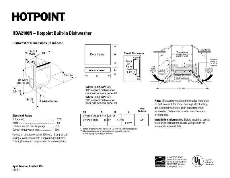 Page 1 de la notice Fiche technique Hotpoint HDA2100NBB