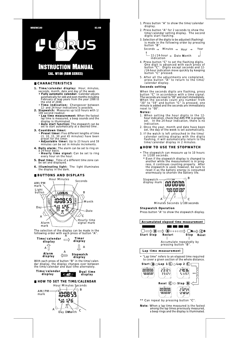 Page n°1 - Manuel utilisateur Lorus W100