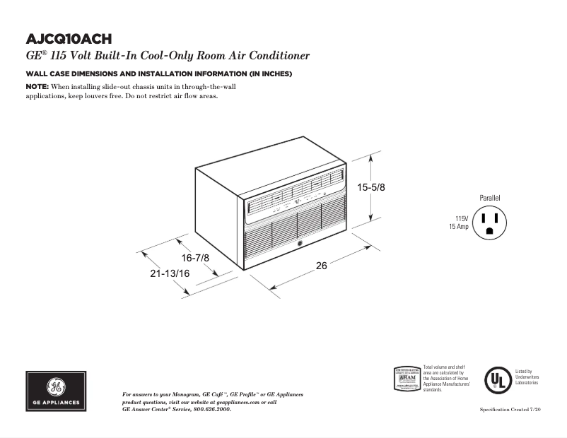 Page 1 de la notice Fiche technique GE AJCQ10ACH
