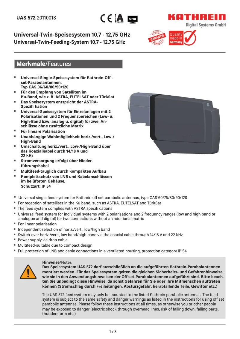 Page n°1 - Fiche technique Kathrein UAS 572