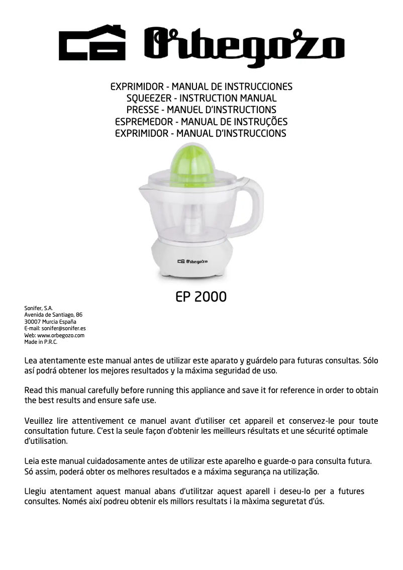 Page 1 de la notice Manuel utilisateur Orbegozo EP 2000