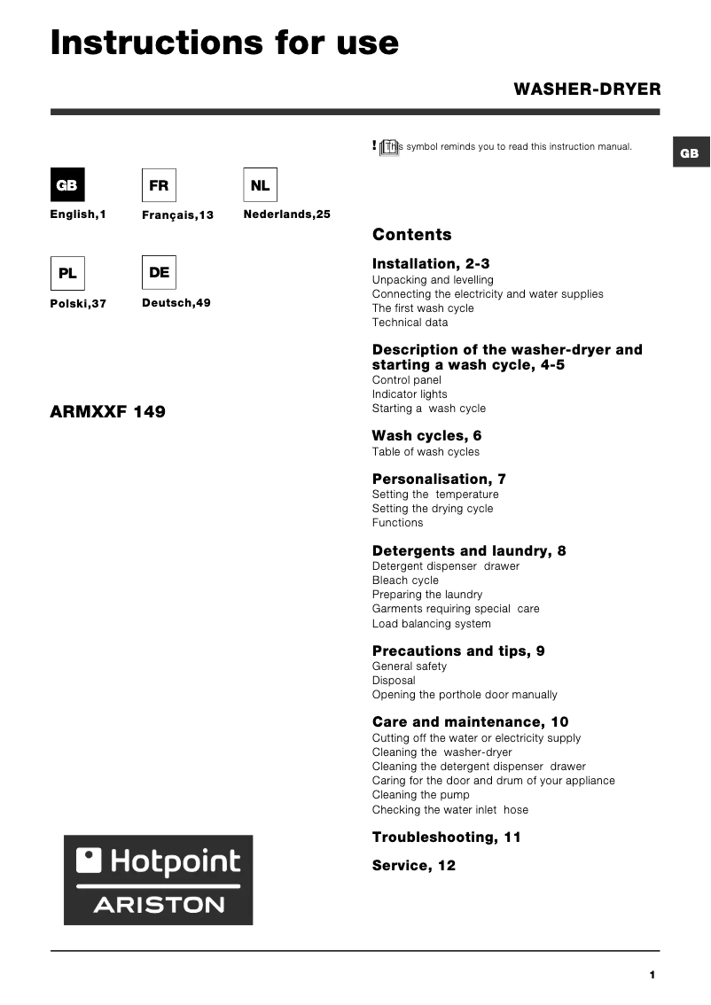 Página 1 del manual Manual de usuario Hotpoint ARMXXF 149
