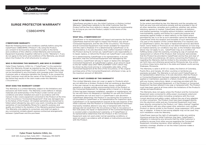 Page n°1 - Informations de garantie CyberPower CSB604