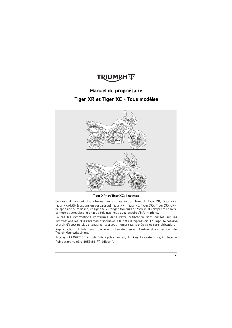 Page 1 de la notice Manuel utilisateur Triumph Tiger 800 XCA (2016)
