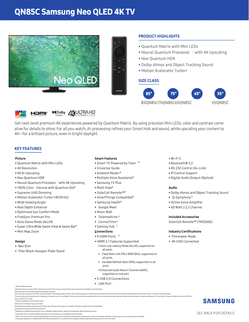 Page 1 de la notice Fiche technique Samsung QN85QN85CAF