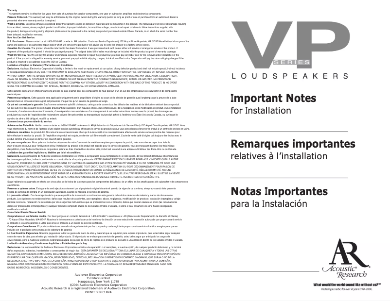 Page n°1 - Manuel utilisateur VOXX ARVP26