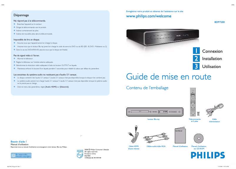 Page 1 de la notice Guide de démarrage rapide Philips BDP7200