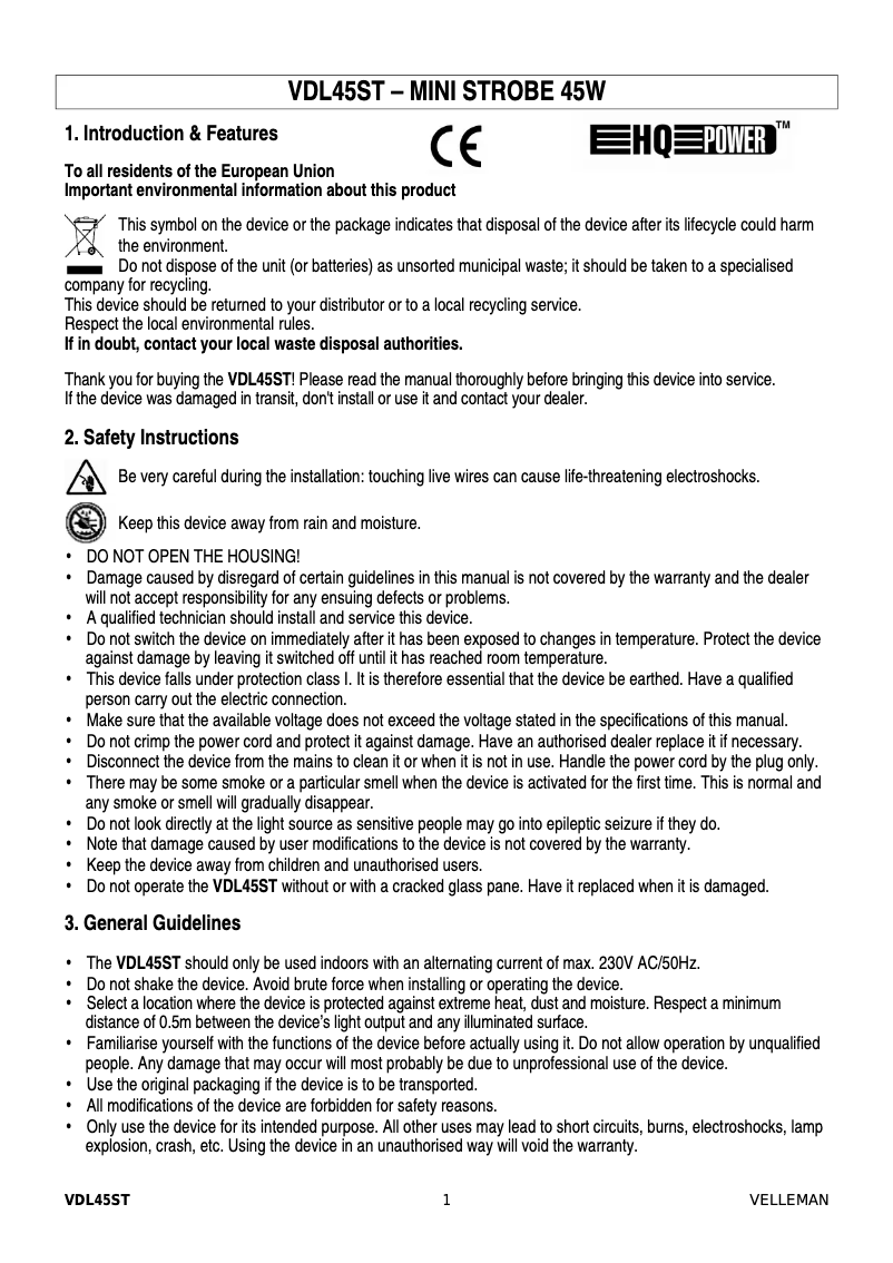 Page n°1 - Manuel utilisateur HQ Power vdl45st