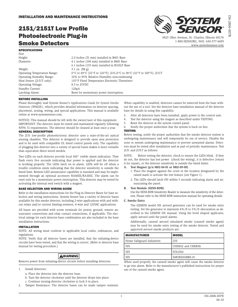 Page 1 de la notice Manuel utilisateur System Sensor 2151
